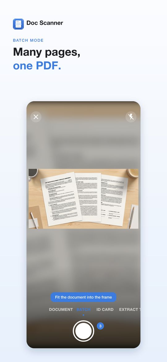 Batch mode: many pages scanned into one PDF with Doc Scanner