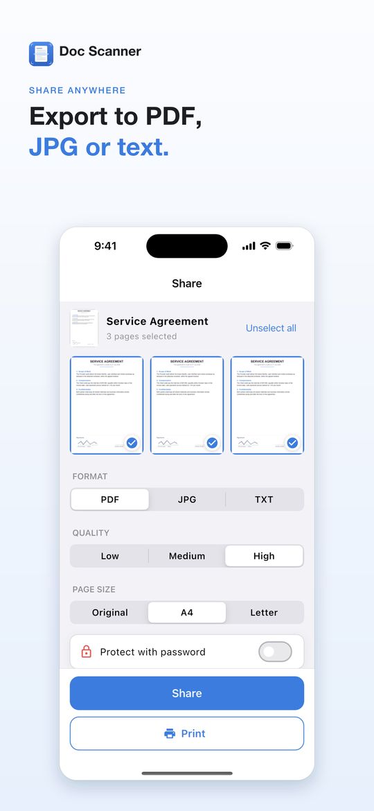 Export to PDF, JPG or text from Doc Scanner