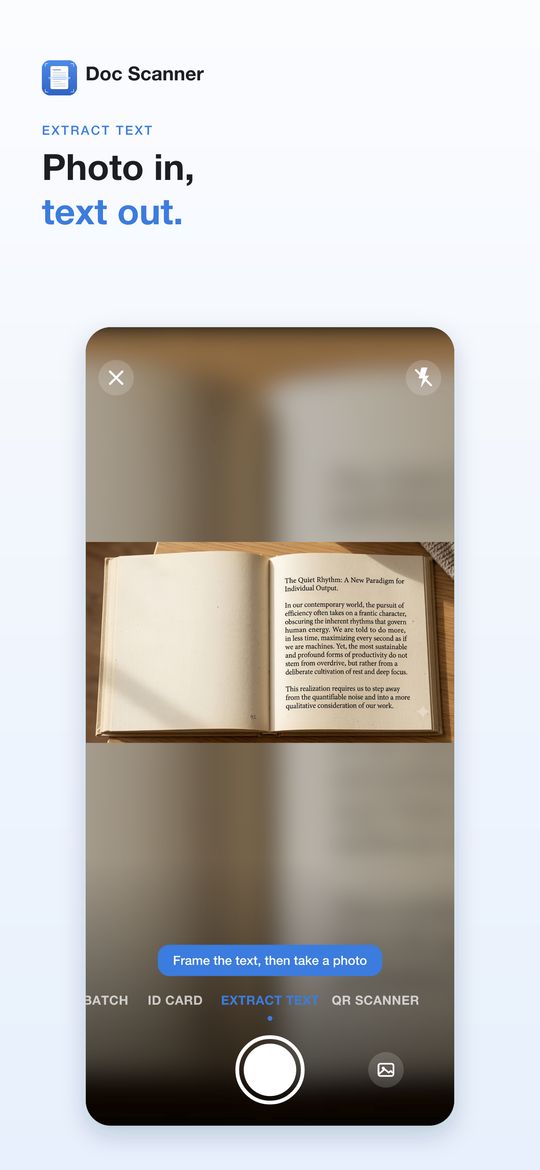 Doc Scanner Extract Text mode: a photo of a printed page turns into selectable text, with the headline Photo in, text out