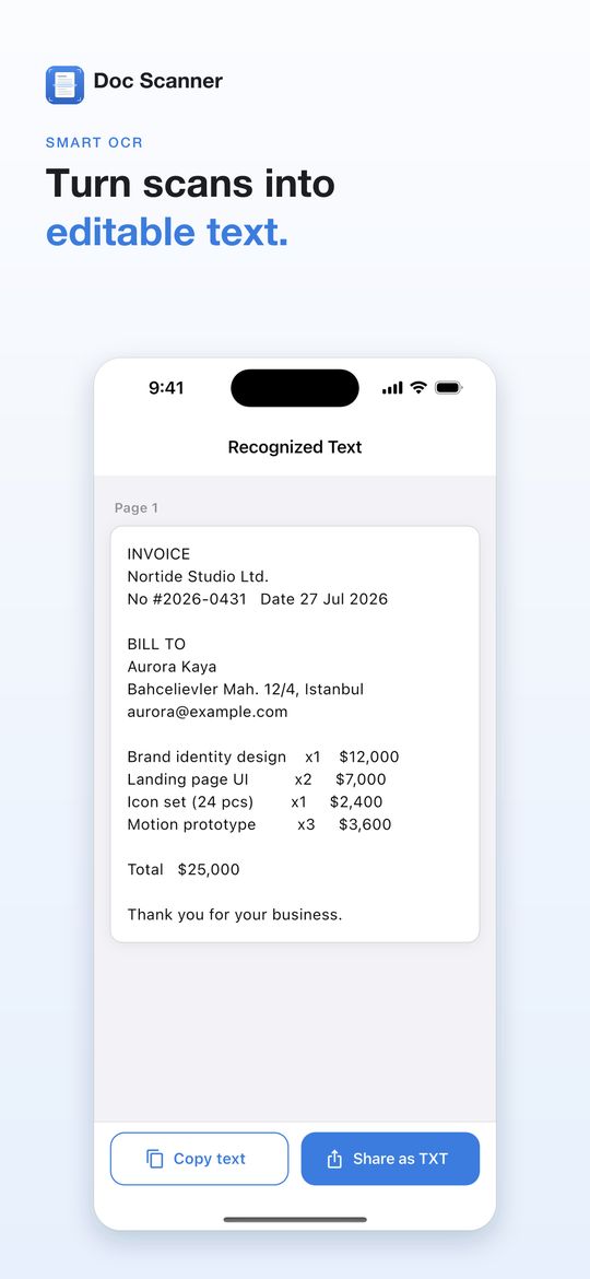 Smart OCR in Doc Scanner: text recognized from a scanned invoice