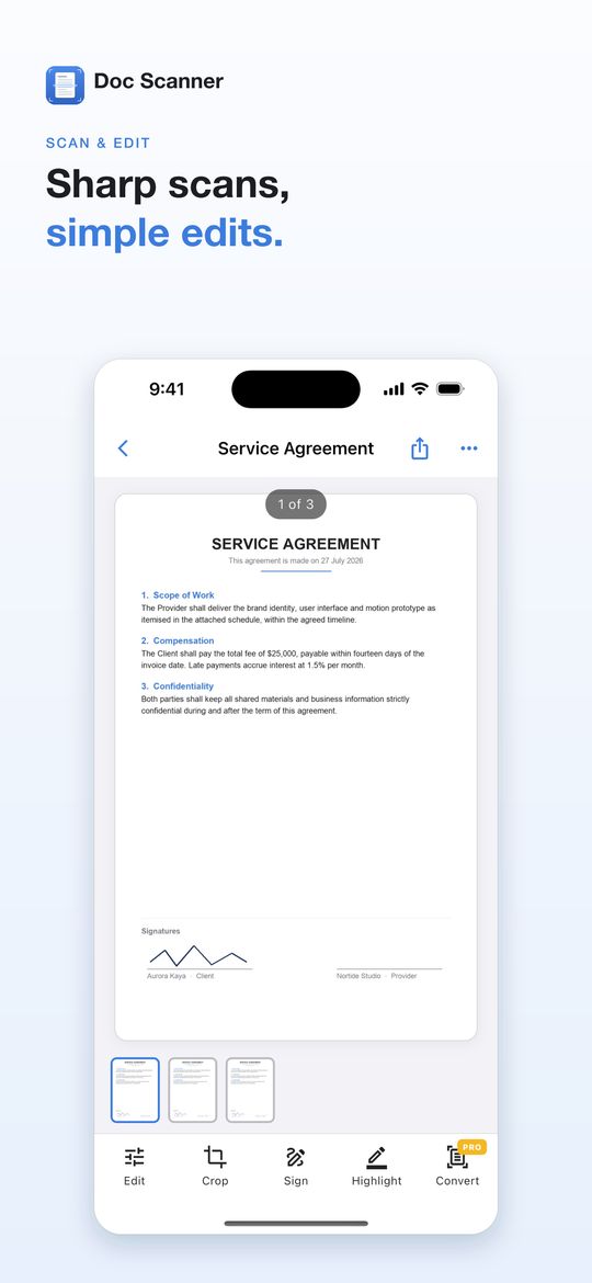 Doc Scanner editing screen with crop and filters for a sharp scanned page