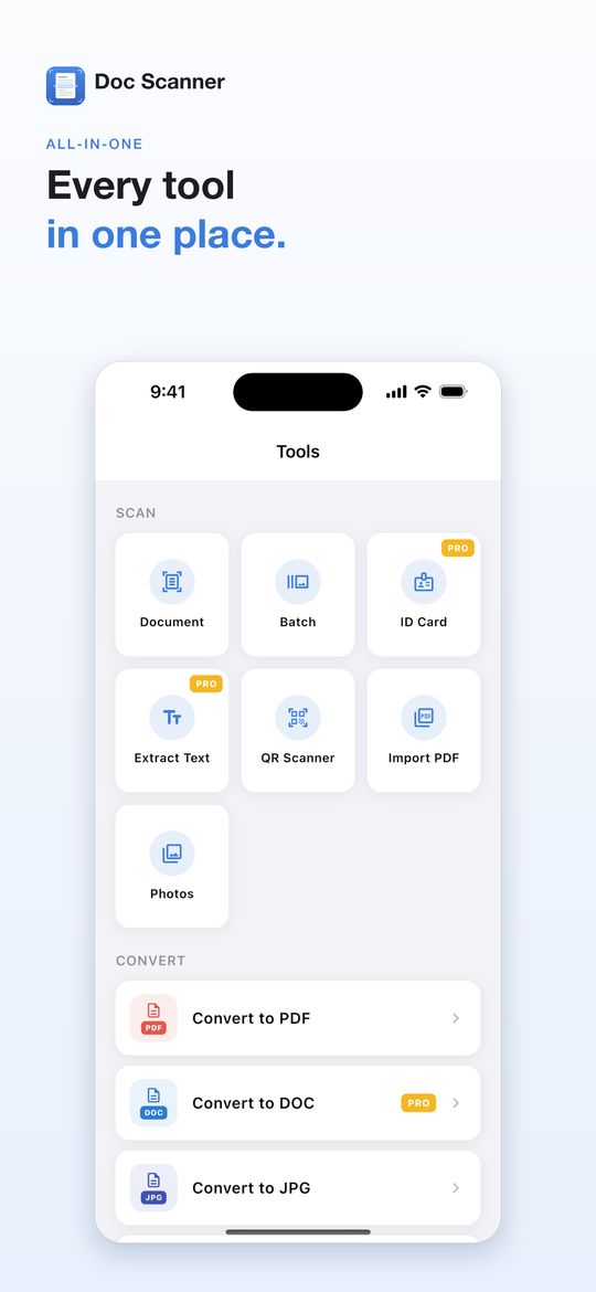 Doc Scanner Tools screen with Document, Batch, ID Card and Extract Text modes, with the caption Every tool in one place