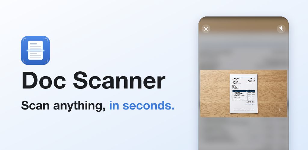 Doc Scanner banner with the app icon and the line Scan anything, in seconds