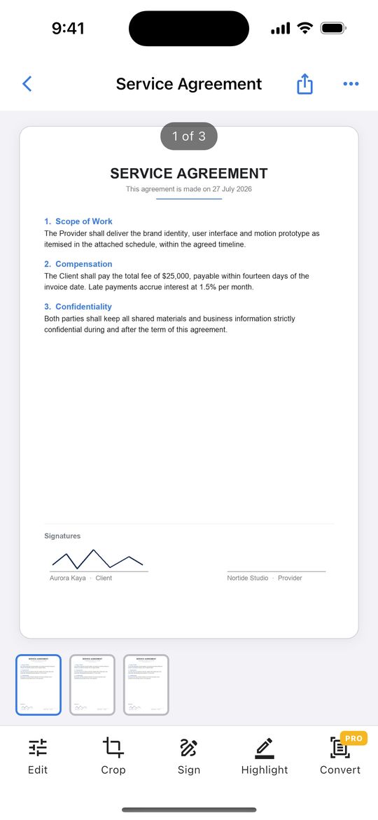 A scanned three-page service agreement open in Doc Scanner, with Edit, Crop, Sign, Highlight and Convert tools