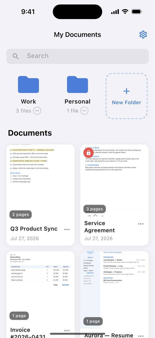 Doc Scanner library with Work and Personal folders and a list of scanned documents