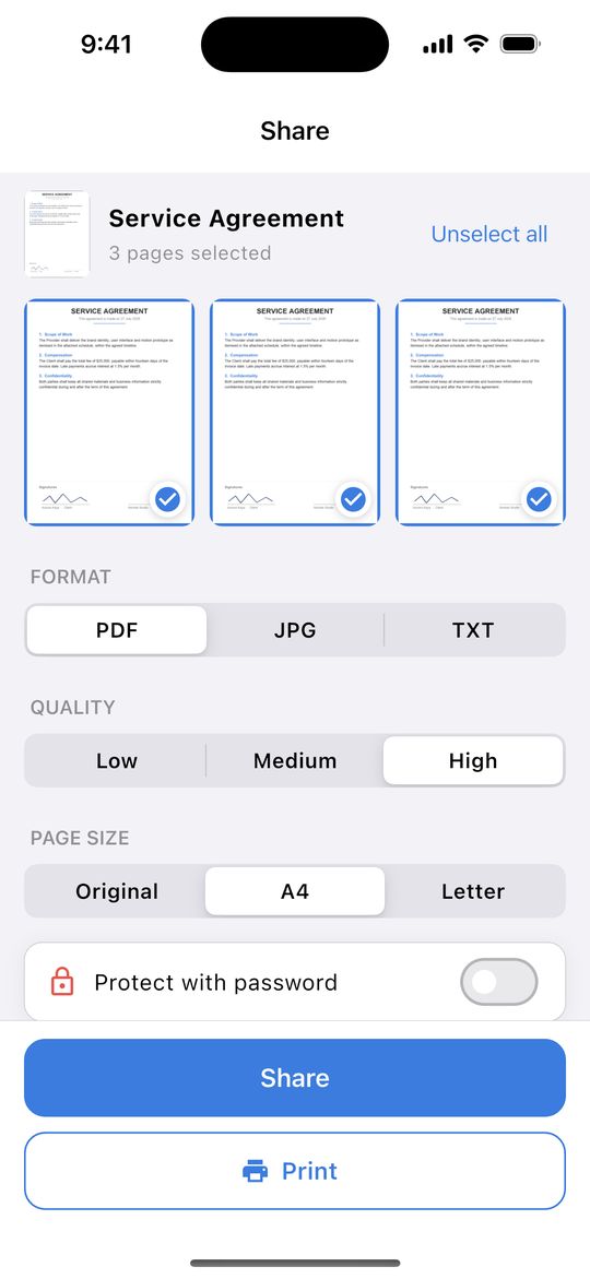Doc Scanner Share screen with PDF format, quality, page size and page selection