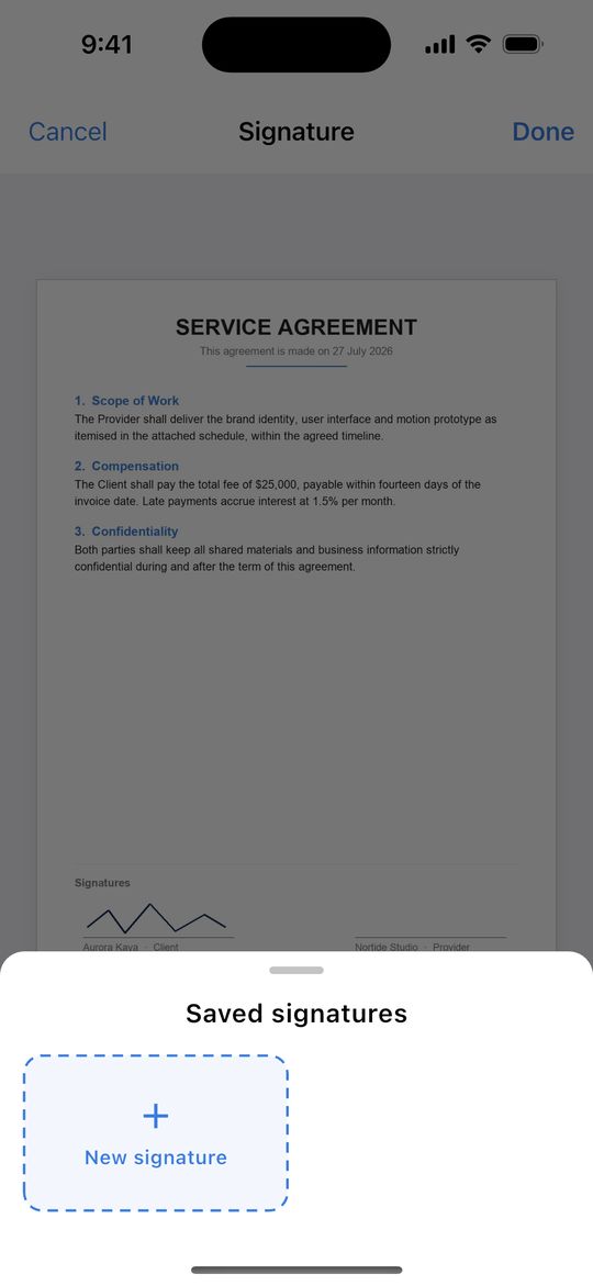 Adding a saved signature to a document in Doc Scanner