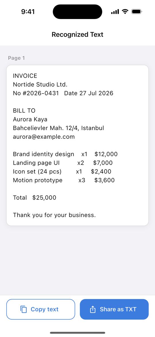 Recognized text from an invoice in Doc Scanner, with Copy text and Share as TXT buttons