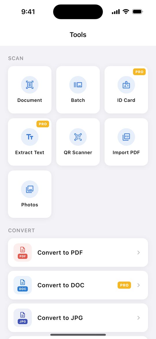 Doc Scanner's Tools tab with Document, Batch, ID Card, Extract Text, QR Scanner, Import PDF and Photos, plus Convert to PDF, DOC or JPG